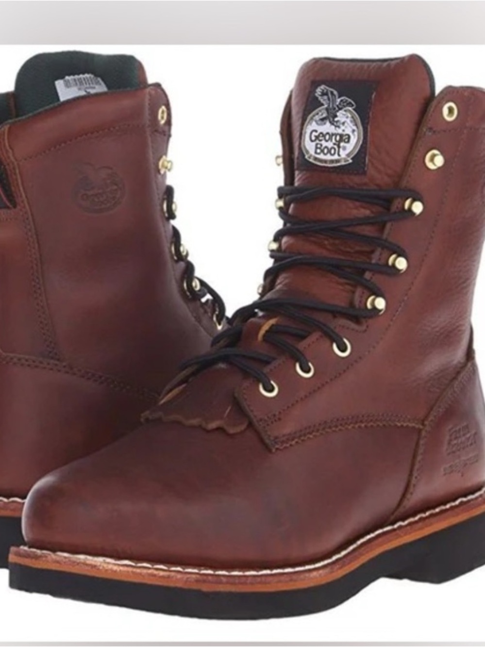 Georgia Boot Chestnut Brown Leather 8" Lace-Up Work Boots with Black Laces